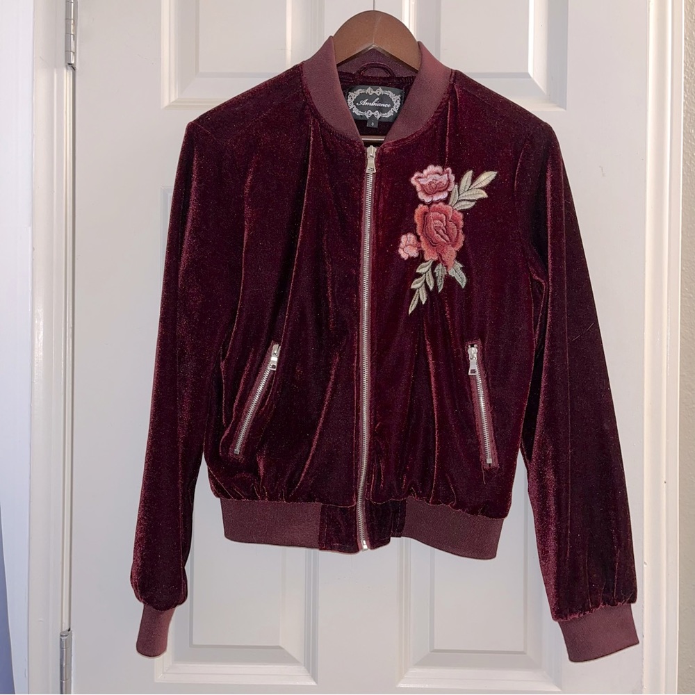 Burgundy velvet bomber jacket with embroidered rose